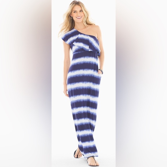 Soma Soft Jersey One Shoulder Ruffle Tie Dyed Stripe Navy Maxi Dress,size medium - Picture 1 of 9
